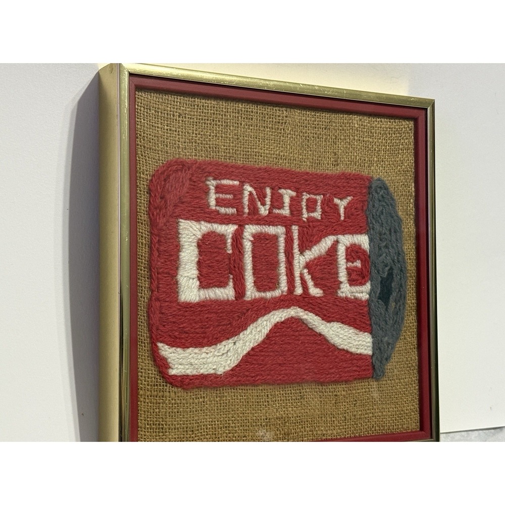 VTG Folk Art Original Enjoy Coca-Cola Framed Needlepoint Fiber On Burlap 11"x11" - Picture 2 of 9